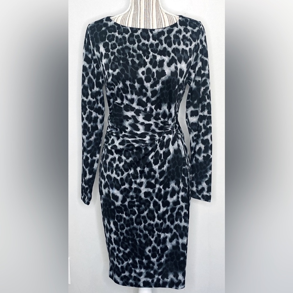 Carmen Marc Valvo Long Sleeve Ruched Bodycon Black Leopard Dress ZB1